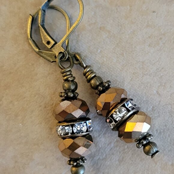 Copper Clear Crystal Rhinestone Rondelle Earrings Bronze Brass Lever Back - Picture 4 of 7